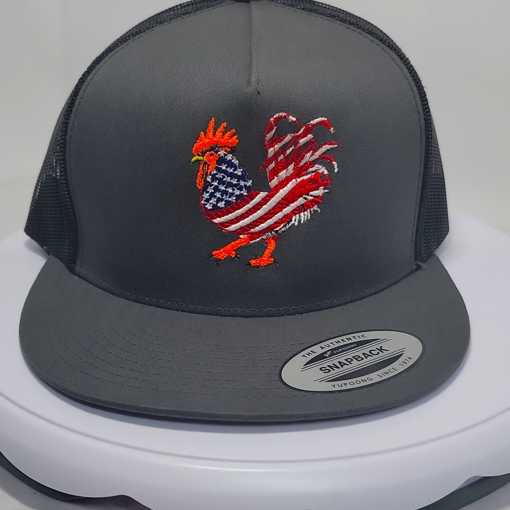 Custom embroidered  flatbill snapback yupoong hat. Trucker hat